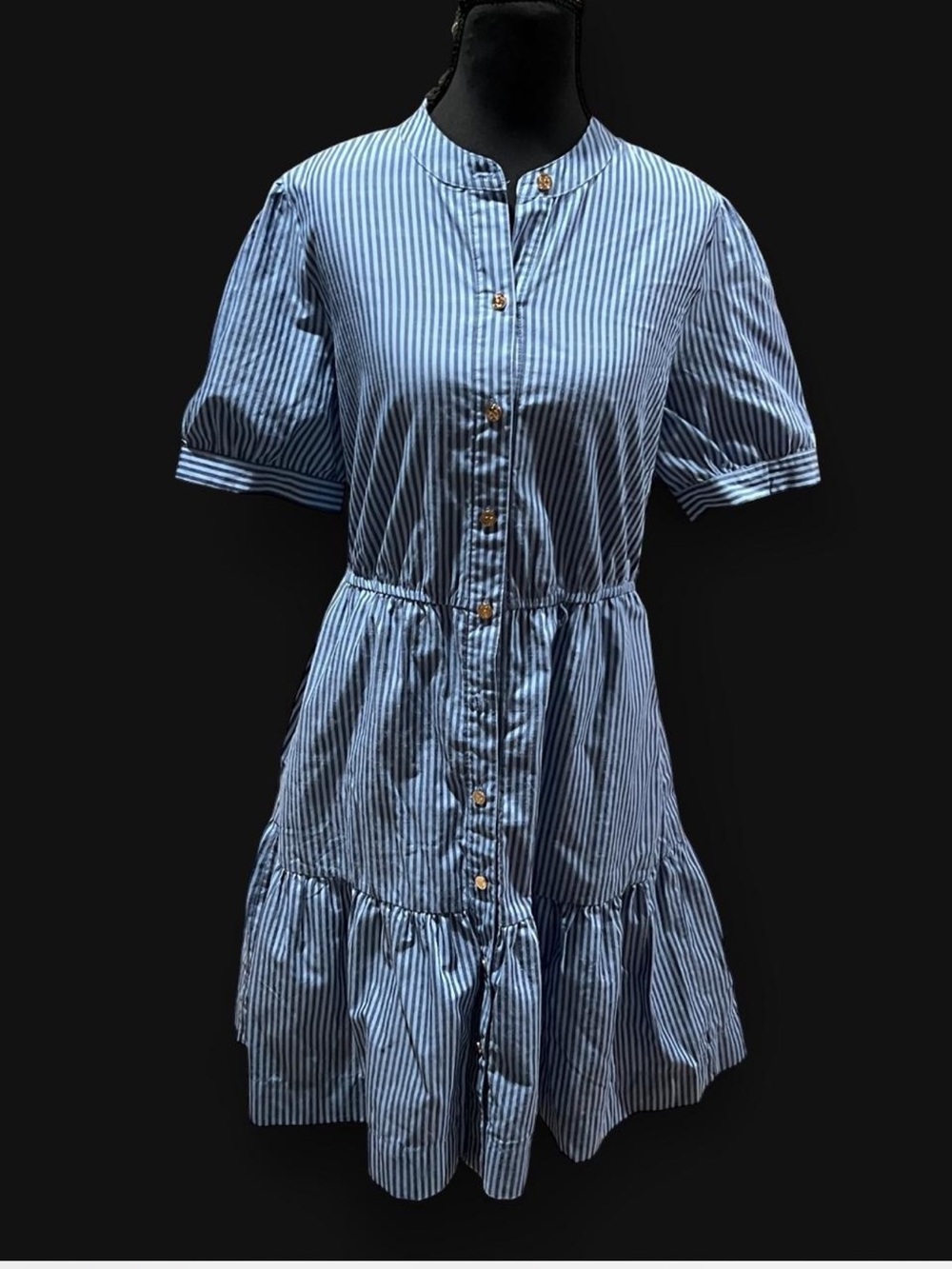 Draper James Blue and White Striped Button-Front Tiered Dress
